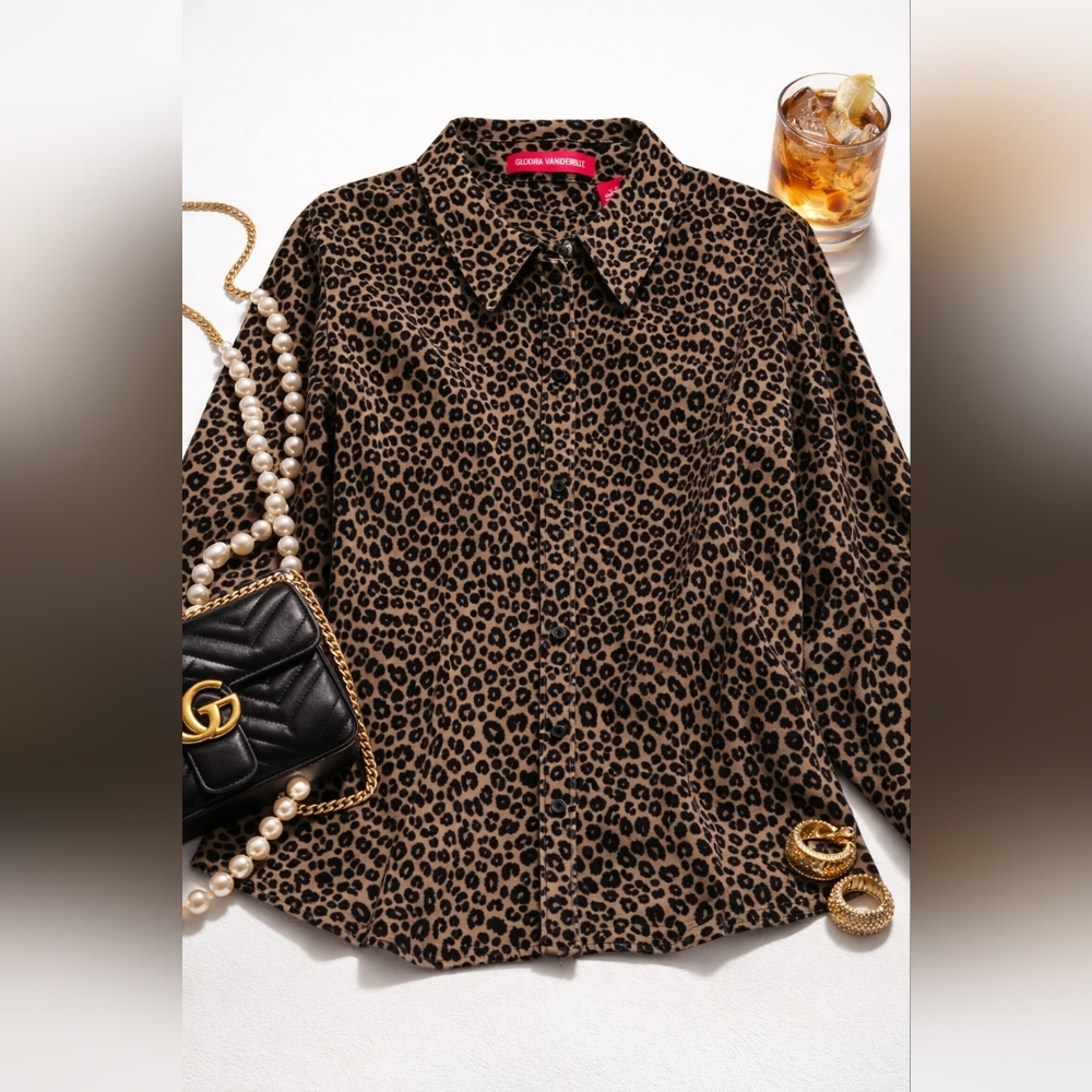 GLORIA VANDERBILT Button Up Shirt Womens XL Brown Black Leopard Mob Wife Y2K - Picture 2 of 8